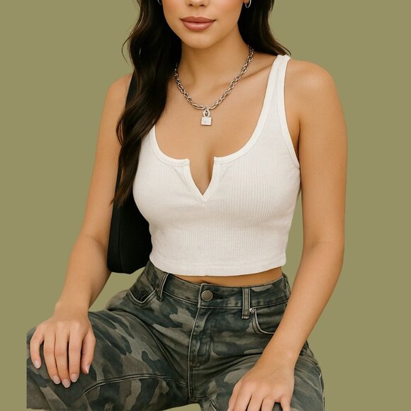 🤍 TNA White Notch-Neck Ribbed Crop Tank Top (Size S) - Picture 1 of 7